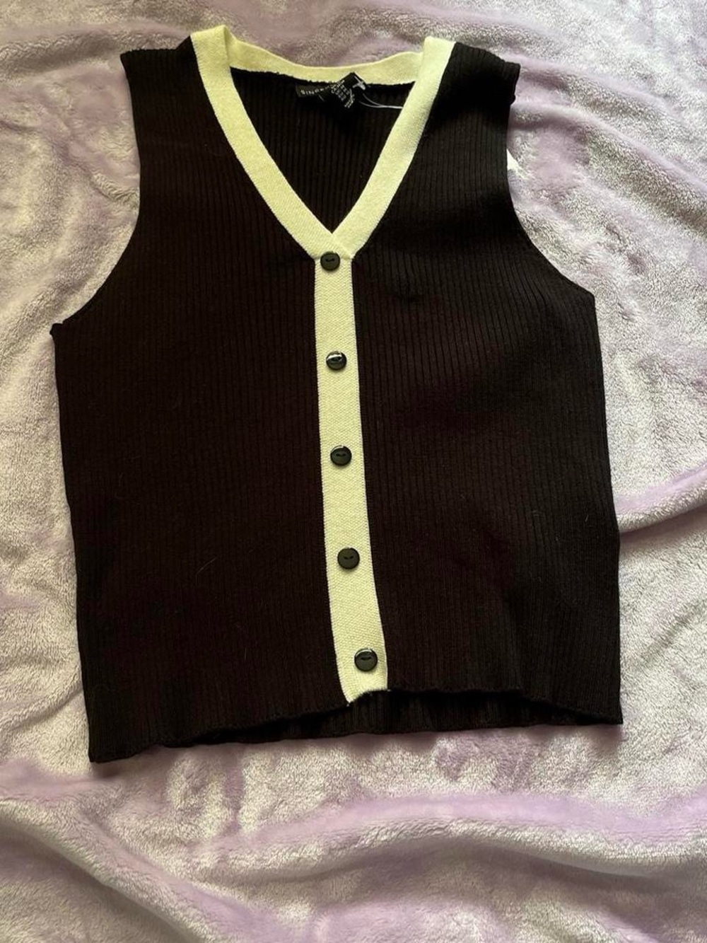 Sincerely Jules Black Ribbed Button-Up Vest with Cream Trim